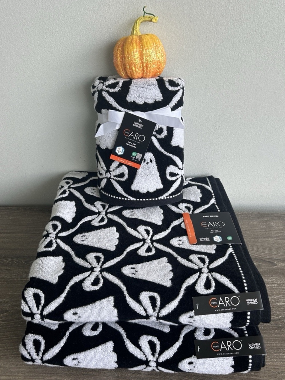 CARO Home Collection Halloween 2026 Ghost Bow Bath Cotton Towels Set of 4 New!